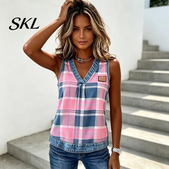 Soft Fabric Vest Summer for Women, V-Neck Sleeveless Tank Tops, Plaid Print Loose Fit Shoulder Strap Reinforced Casual Camisole with Collar Hem, Slim