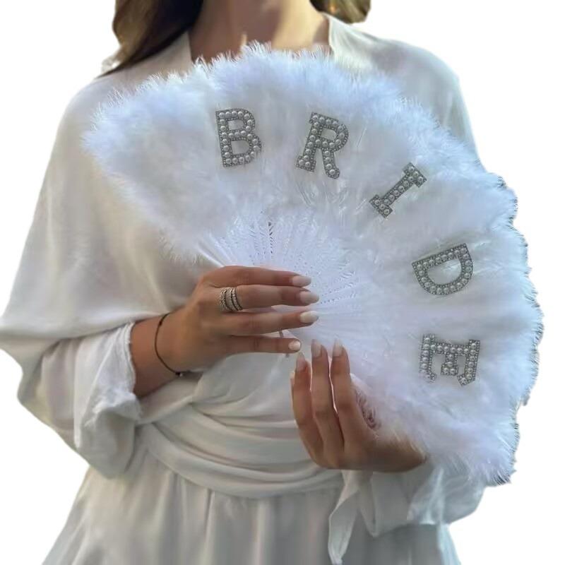Bridal Accessories, Pearls, English Letters, Bride,White, Feather Folding Fan, Bachelor Party, Bride's Wedding Gift