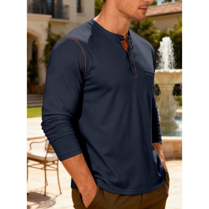 Men S Long Sleeve Stand Collar Henley Shirt Solid Color Casual