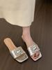 French rhinestone square buckle open-toed slippers women's shoes wear 2025 summer with skirt silver thick heel sandals