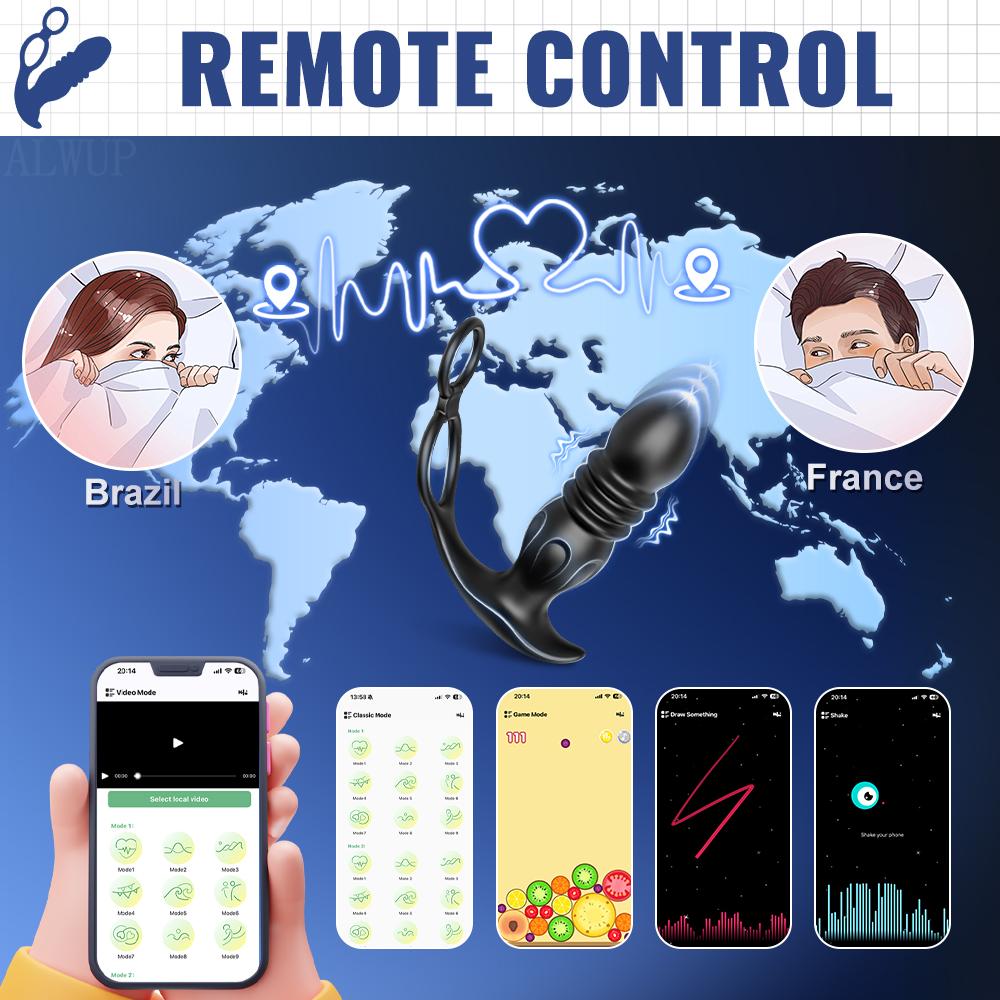 Управление через приложение Мужской вибратор для стимуляции простаты с функцией толчков для мужчин Геев Анальная пробка Телескопическая анальная пробка Женская секс-игрушка для взрослых