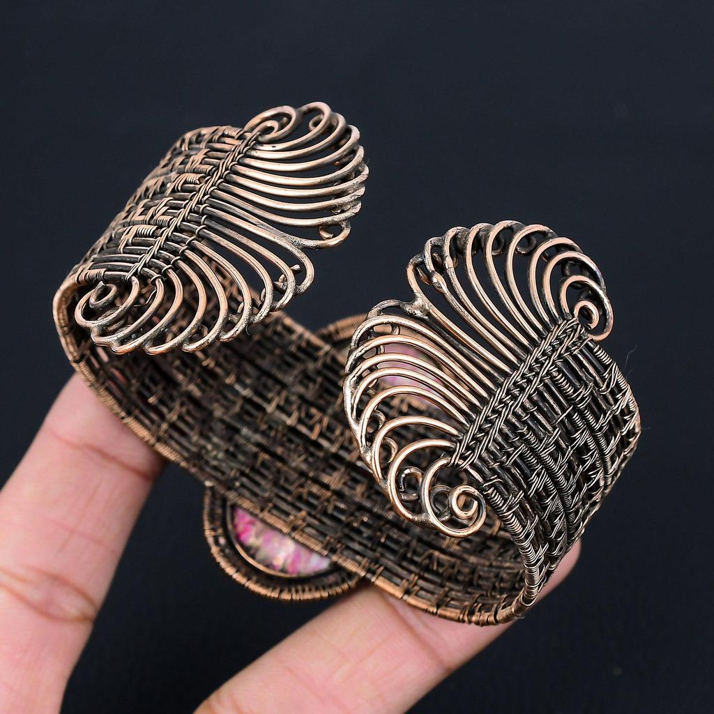 Розовый морской осадок, драгоценный камень, чистая медная проволока, манжеты ручной работы/браслет, регулируемые ювелирные изделия