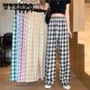 Women's Lightweight Elastic Summer High Waist Wide Leg Casual Pants Retro Plaid Loose All-match Straight Pants