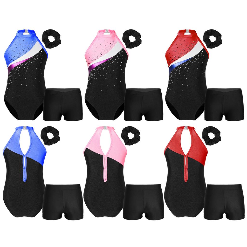 Детский трико без рукавов для девочек, танцевальная гимнастика, тренировочная танцевальная одежда, гимнастическое боди с повязкой на голову и шортами