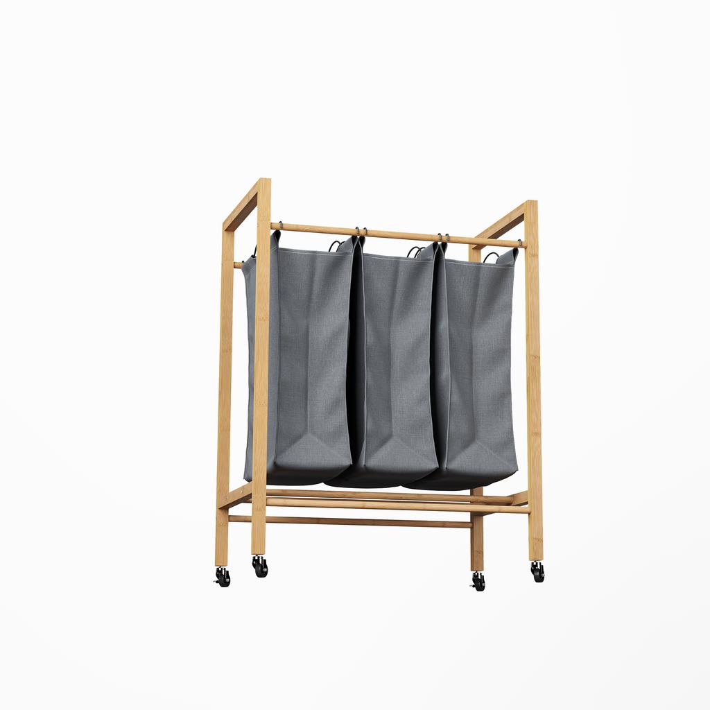 Bamboo Laundry Basket, 3 Compartments, Laundry Bag, Removable, Laundry Bins with Wheels, 3 x 30 L. Mobile, Portable