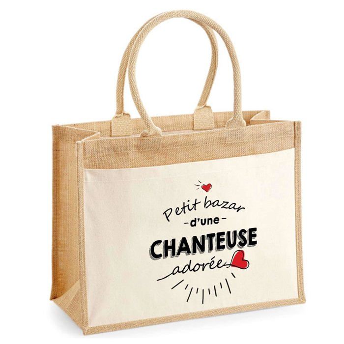 Sac de plage - PLANETEE - Jute avec poche Bazar d'une Chanteuse adorée - Coton imprimé France - 43x33 cm - Bandoulière