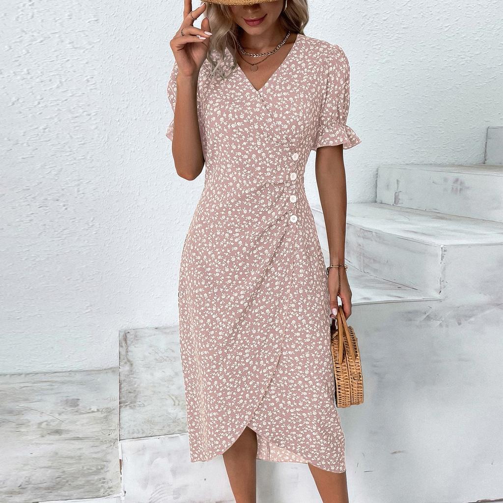 Women's Summer Casual Dress V Neck A-line Boho Ditsy Floral Flounce Sleeve Wrap Hem Dress