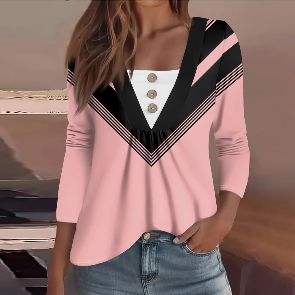 Women's Fashion Casual Long Sleeve Shirt Floral Printed Button V Neck Up Tops