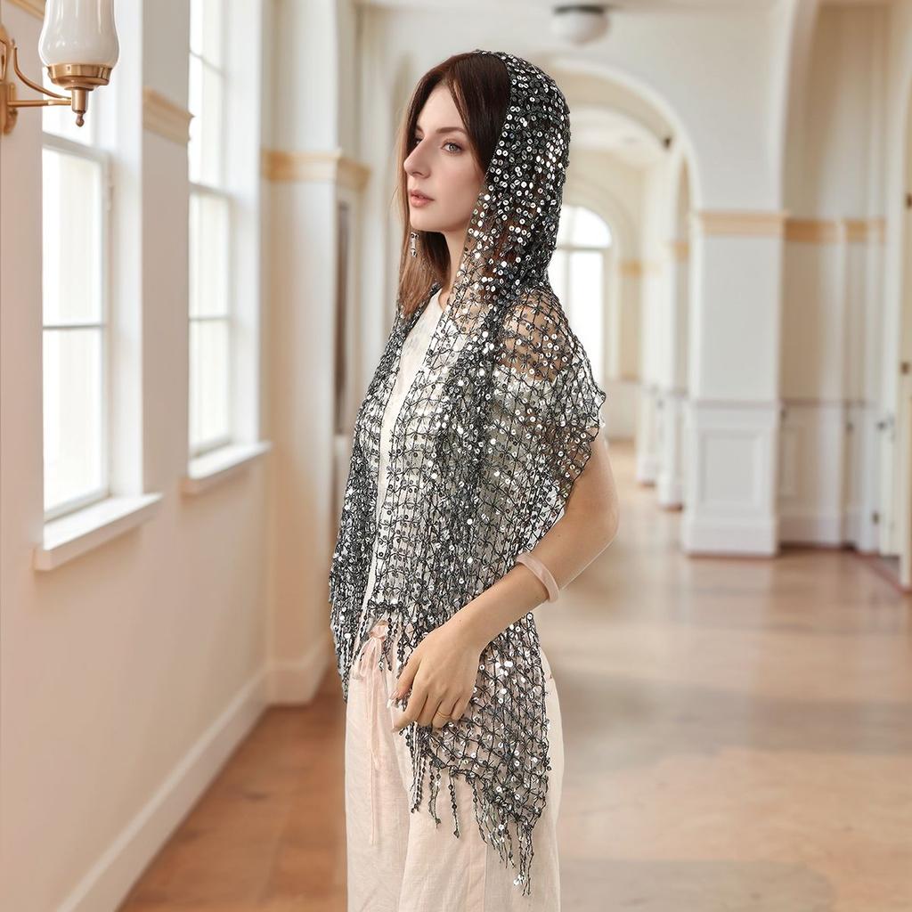 Винтажный золотой блестящий шарф с бахромой, вечерняя шаль, женский роскошный головной платок, декоративные накидки с пайетками, бахрома, для невесты, подружки невесты, свадебная накидка