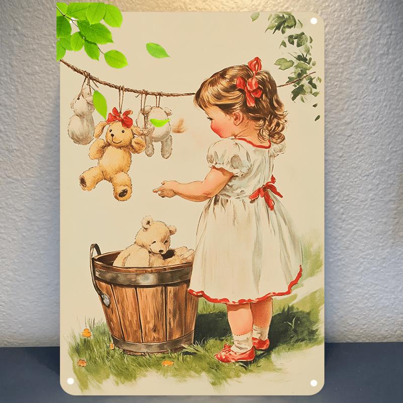x Inch Vintage Teddy Bear Laundry Iron Sign Cute Style Bathroom Room Decor