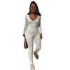Women's Solid Color Low-Neck Tight-Fitting Long-Sleeved High-Waist Trousers Sports Fitness Jumpsuit