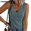 Summer New Europe and The United States Women's Buckle Knitted Undershirt Solid Color V-neck Sleeveless Blouse Female