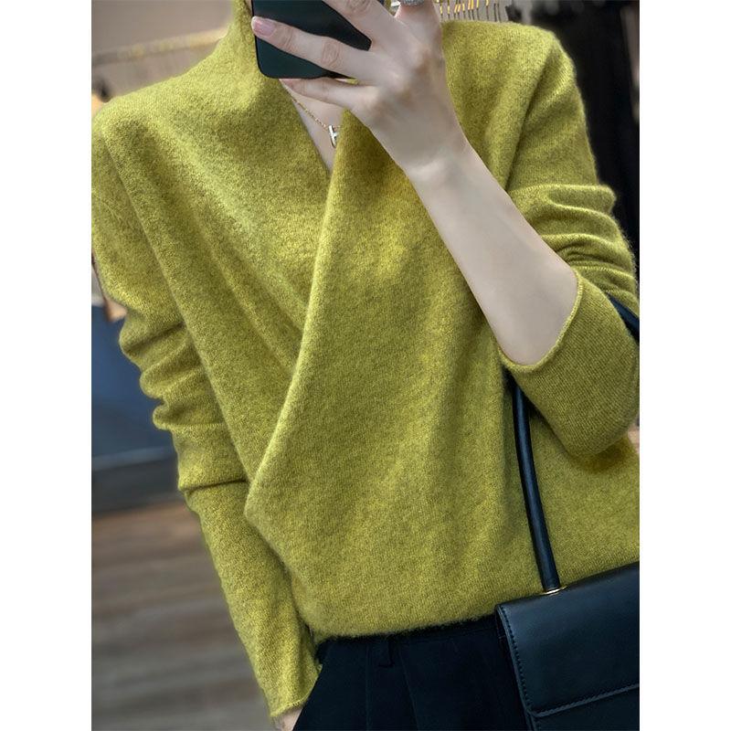 Осень-зима Женский высококачественный повседневный свитер с отложным воротником из кашемира, свитер из мериносовой шерсти, трикотажная одежда, топы