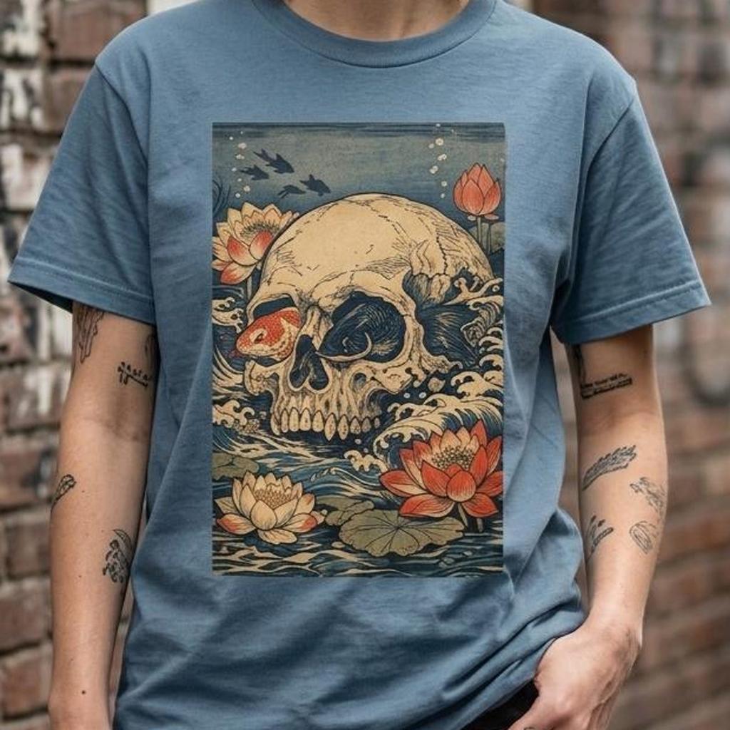 Gothic Skull Ocean Waves Koi Fish Graphic Tee, Comfort Colors