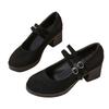 Spring and Autumn New Retro Black Small Leather Shoes Fashionable Suede One-word Buckle with Thick Heels Women's Shoes