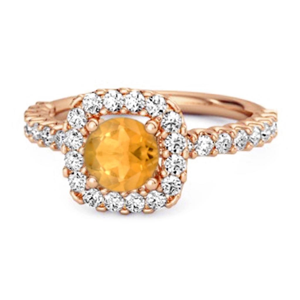 Citrine Round Cushion Halo Ring - 925 Sterling Silver Rose Gold Vermeil