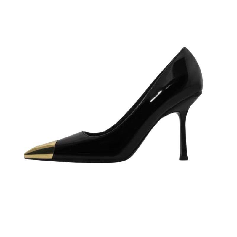 Черные лакированные туфли на высоком каблуке с металлическим носком, новые осенние легкие сексуальные туфли знаменитости на тонком каблуке, тонкие женские туфли