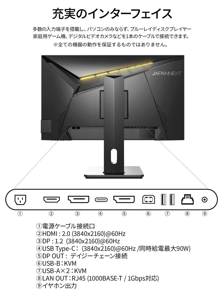JAPANNEXT IPS panel 4K resolution LCD monitor HDMI DP USB 90W power LAN HDR Daisy chain connection compatible Height adjustment Pivot function year