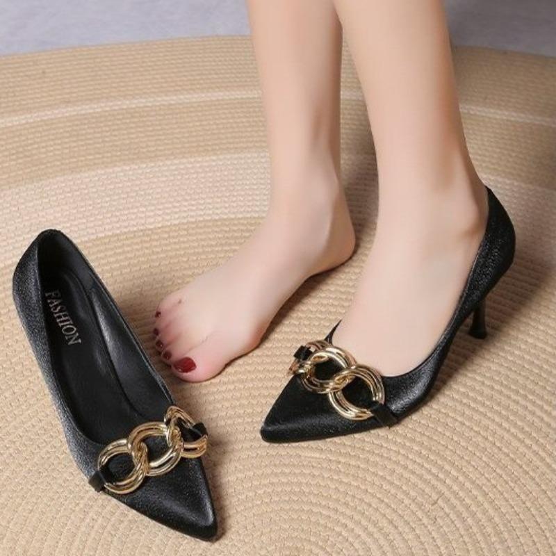 Fashion New Thin Heel Shoes Women's Fashion Pointed Head Shallow Mouth Metal Chain Set Foot Anti-slip Wear-resistant High Heels