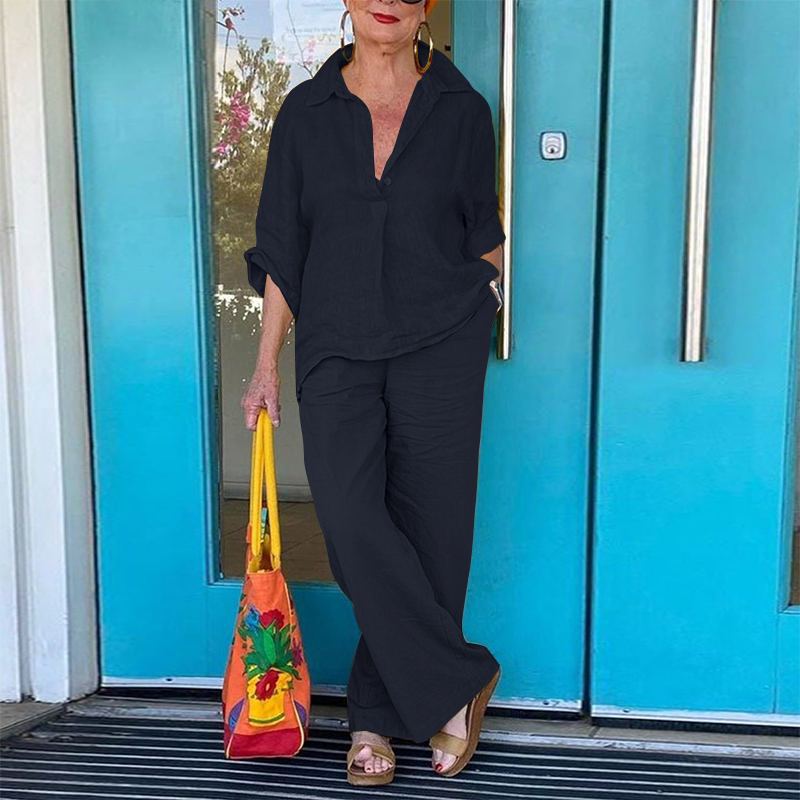 Весна и лето Большие размеры Женские комплекты из хлопка и льна из двух предметов Спортивный брючный костюм с блузкой и рукавом 3/4