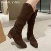 Pointed Toe Women High Boots Suede Mid Heels Designer Winter Shoes Chunky Chelsea Boots Trend Pumps Goth Botas De Mujer
