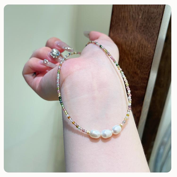 Qiaoen 2 мм Турмалиновое ожерелье конфетных цветов с пресноводным жемчугом - Женский французский ретро-стиль
