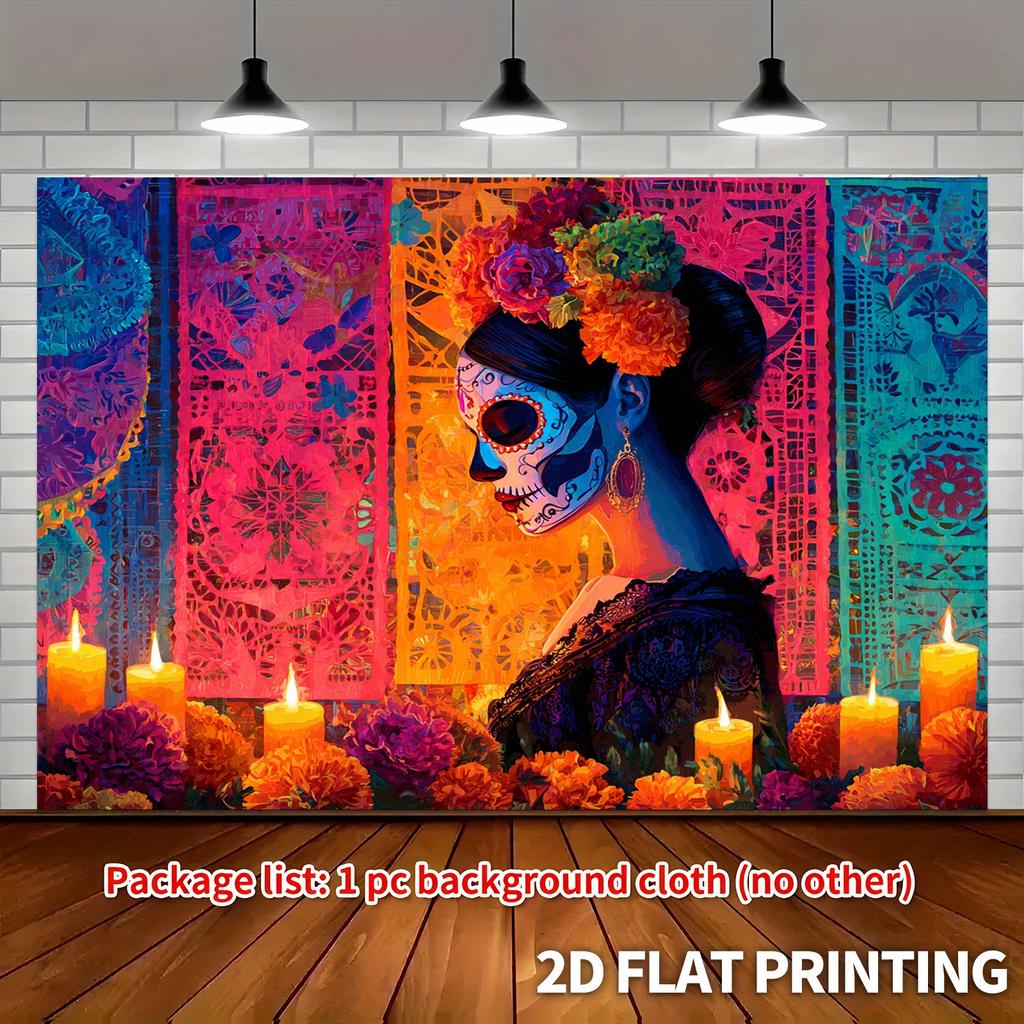 1pc Oversized Dia de los Muertos banner - Background with Sugar Skull woman, Halloween Grand Party decoration