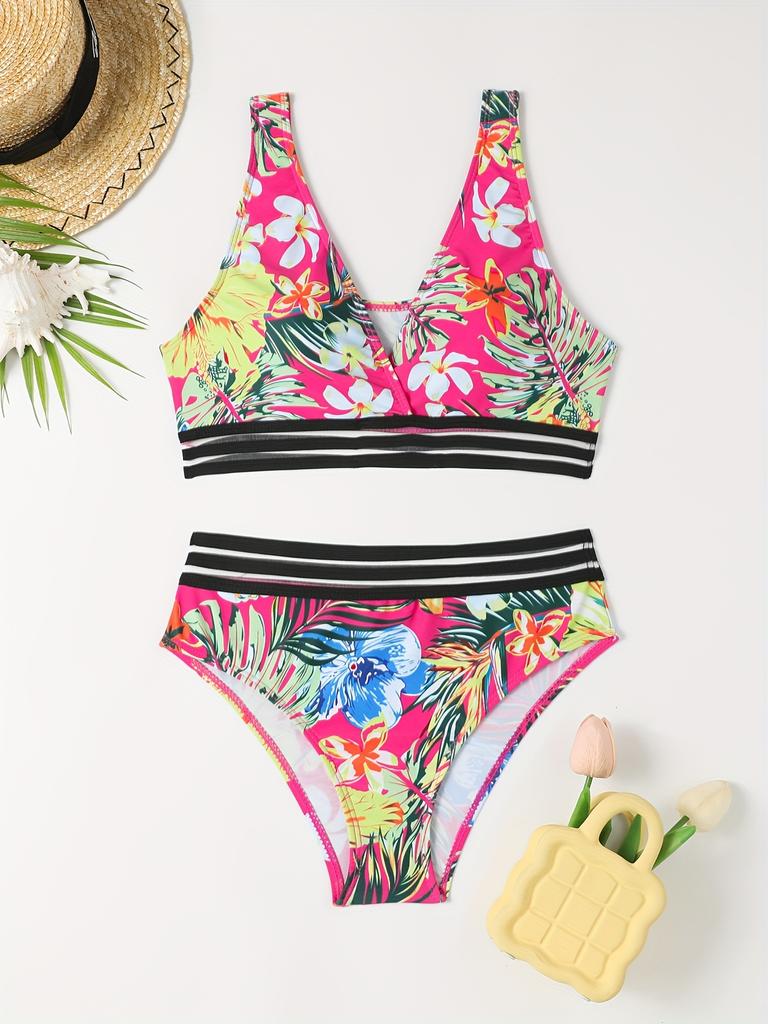 Комплект из 2 предметов с тропическим принтом, бикини, эластичные купальники с высоким вырезом из контрастной сетки с V-образным вырезом, женские купальники и одежда
