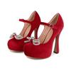 Red Bow Rhinestone 13CM High-heeled Women Shoes 2025 New Spring Single Buckle Suede Thick Heel Wedding Shoes