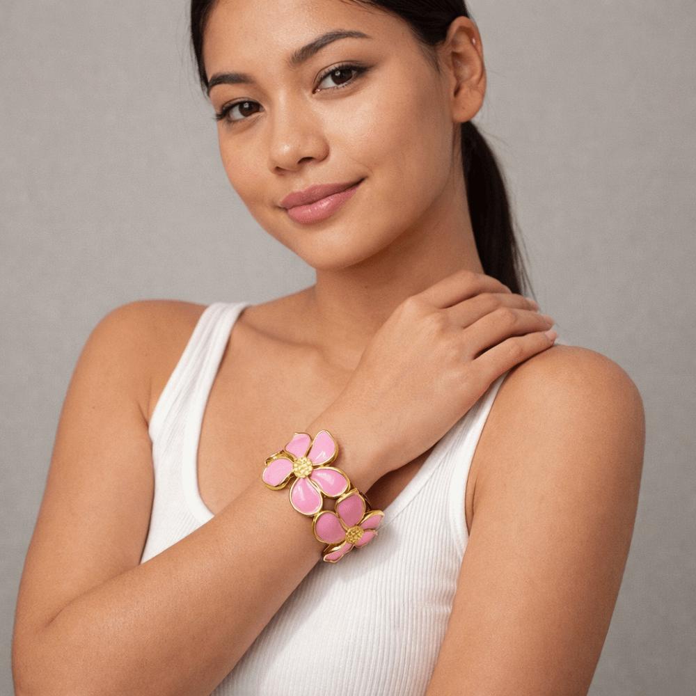 Wide Flower Bracelet Enamel Vintage Cuff Fashion Opening Bangles Women