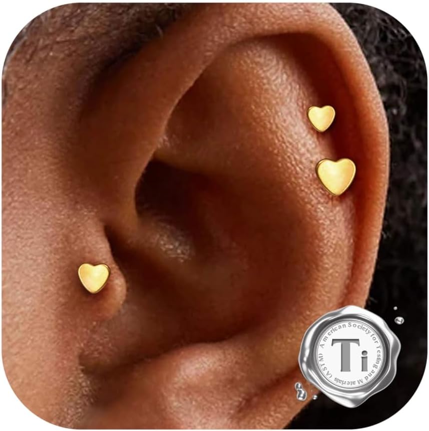Bobisty 3PCS 16G Helix Piercing Jewellery G23 Titanium Cartilage Earrings Labret for Lip Nose CZ Heart Flat Back 3 Single Studs