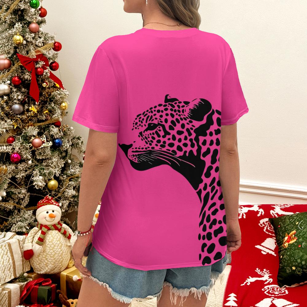 Летний топ с круглым вырезом и 3D-принтом черного леопарда, ярко-розовая футболка, модные повседневные женские футболки с коротким рукавом