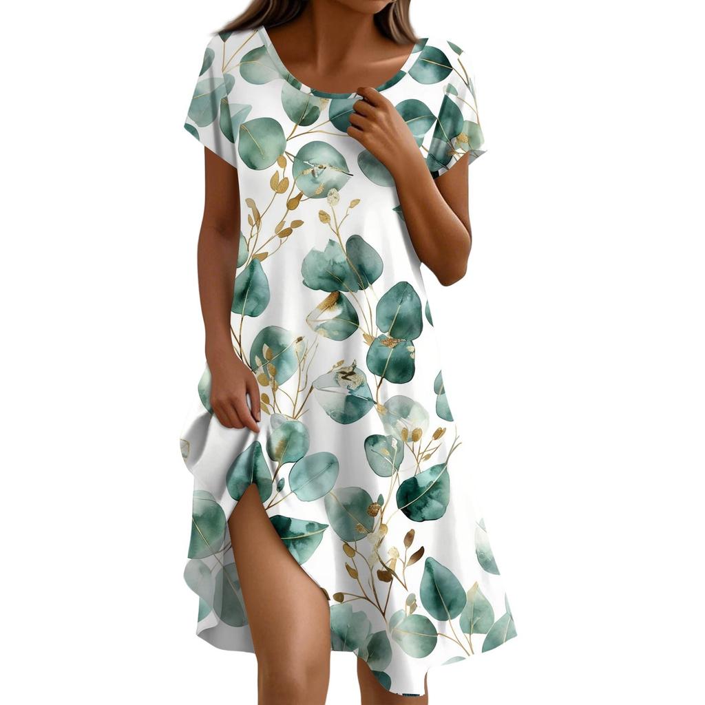 Short Sleeve Boho Dress For Women Casual Loose Fit Sundress Print Round Neck Dress With Pockets