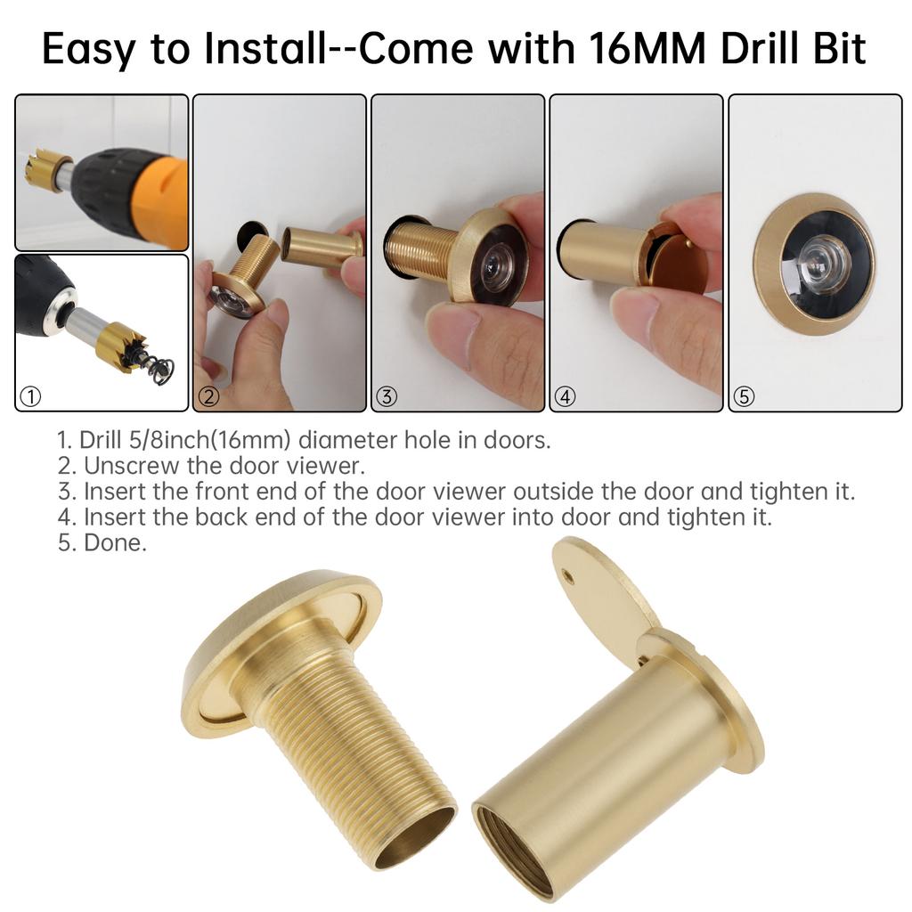 Solid Brass 16mm Door Peephole 200 Degree HD Lens Privacy Cover Titanium Drill Bit Heavy Duty Universal 35-55mm Door