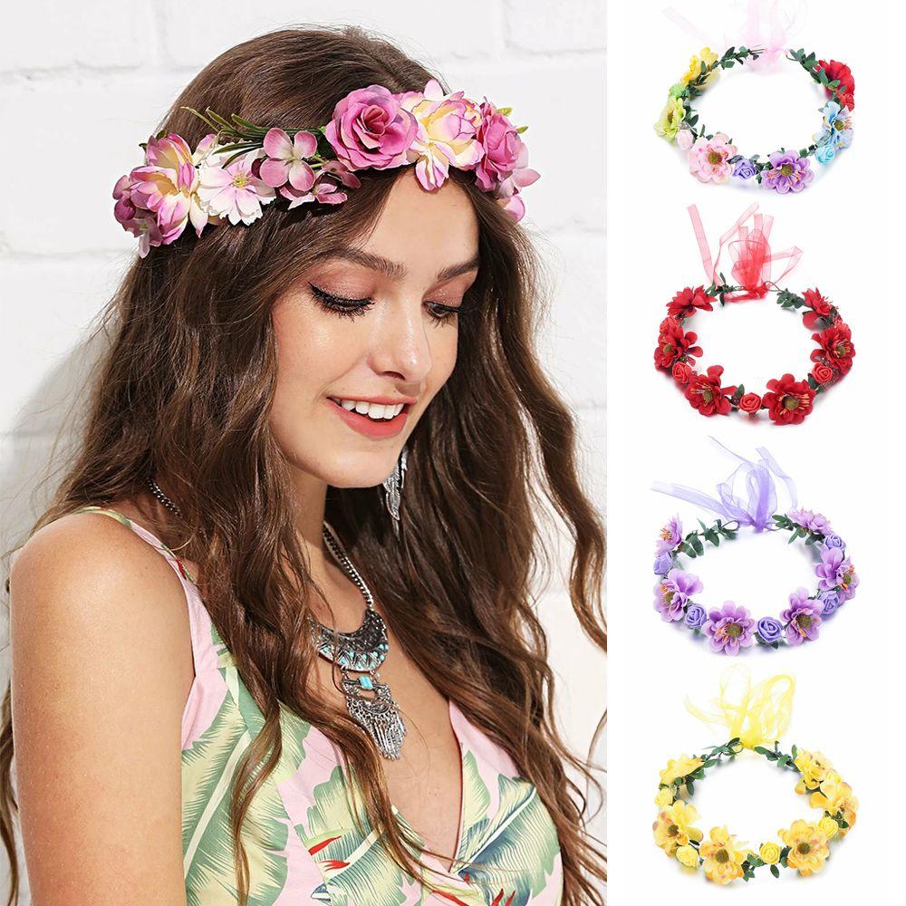 With Adjustable Ribbon Girls Floral Wreath Rose Flower Crown Bohemia Garland Bridal Halo Headpiece