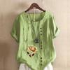 Women's Fashion Round Neck Short Sleeve T-shirt Casual Cotton Linen Graphic Shirt Leisure Loose Flower Prined Summer Blouse Tops