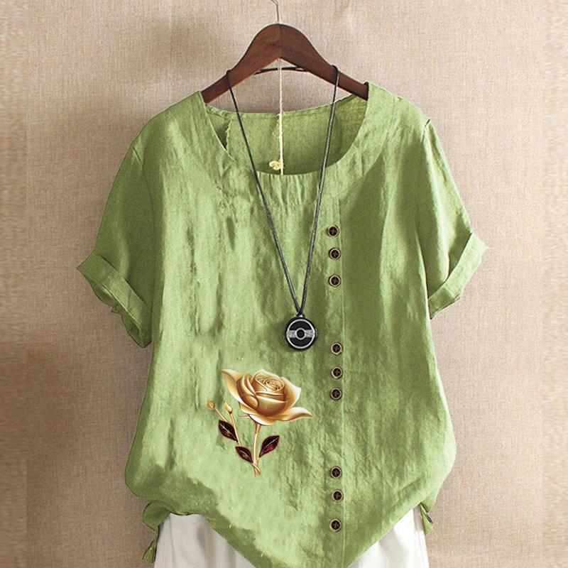 Women's Fashion Round Neck Short Sleeve T-shirt Casual Cotton Linen Graphic Shirt Leisure Loose Flower Prined Summer Blouse Tops