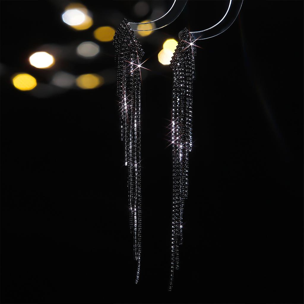 Black Rhinestone Electrophoresis Tassel Long Earrings Temperament Luxury Shiny Earrings Female Earrings Jewelry 1 Pair