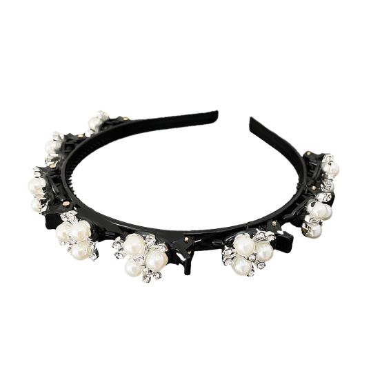 Shining Rhinestone Faux Pearls Flower Decor Women Headband Non-slip Elastic Double Layer Bangs Clips Hair Hoop Hair Accessories