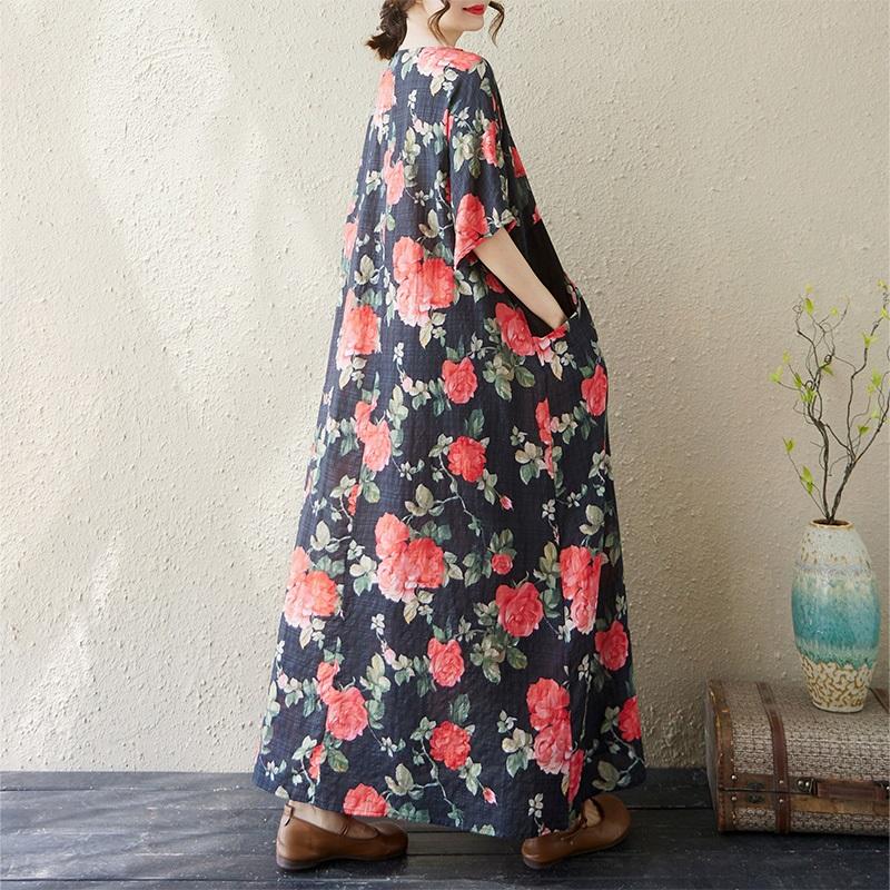 Новое хлопковое винтажное платье с цветочным принтом больших размеров с коротким рукавом для женщин, повседневное свободное длинное летнее платье