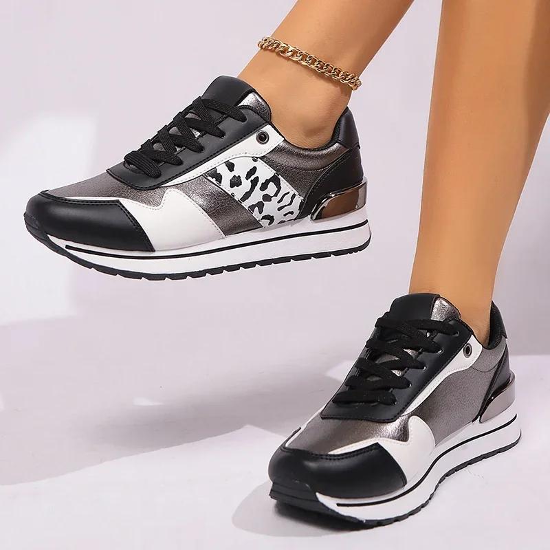 Fashion Light Weight Gold Leopard Sneakers for Women 2025 Spring Platform Lace Up Casual Shoes Woman Mix Color Sole Sole Outdoor Flats