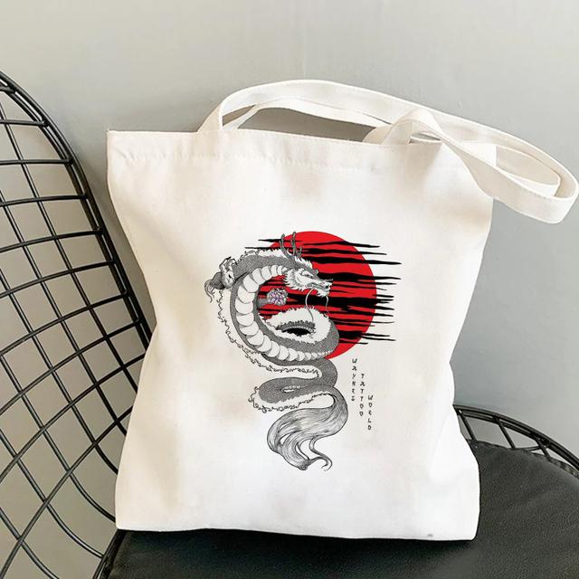 Холщовая сумка с принтом дракона, женская сумка-шоппер в стиле Харадзюку, большая вместительная сумка в стиле панк, готическом стиле, классическая винтажная женская сумка на плечо