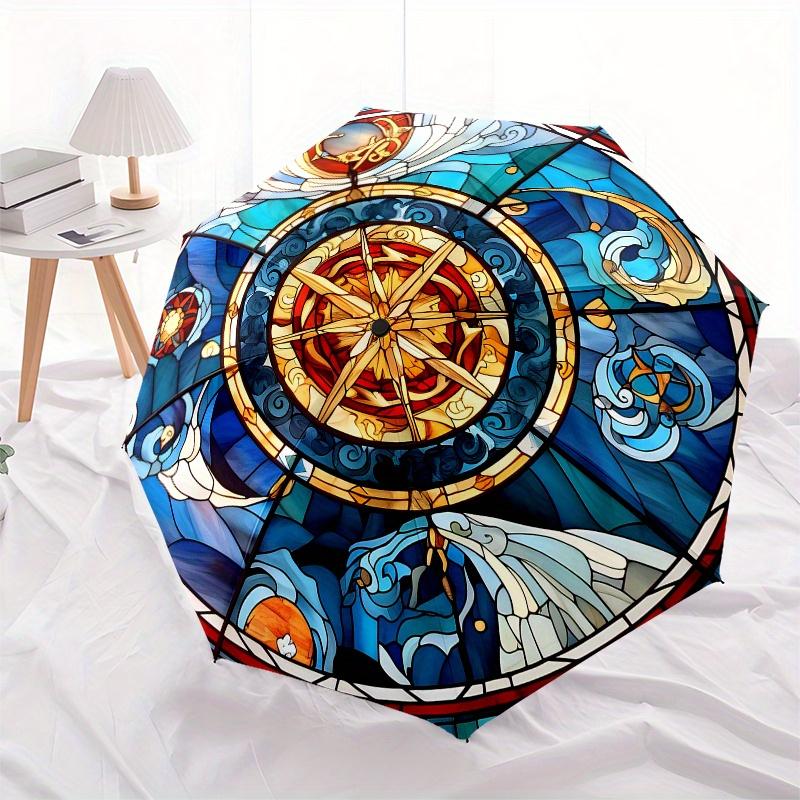 Stained Glass Window Panel with Compass Design, Decorative Art for Home or Church Umbrella, Cute Umbrella with Cute Design, Portable 3-Fold Compact Um