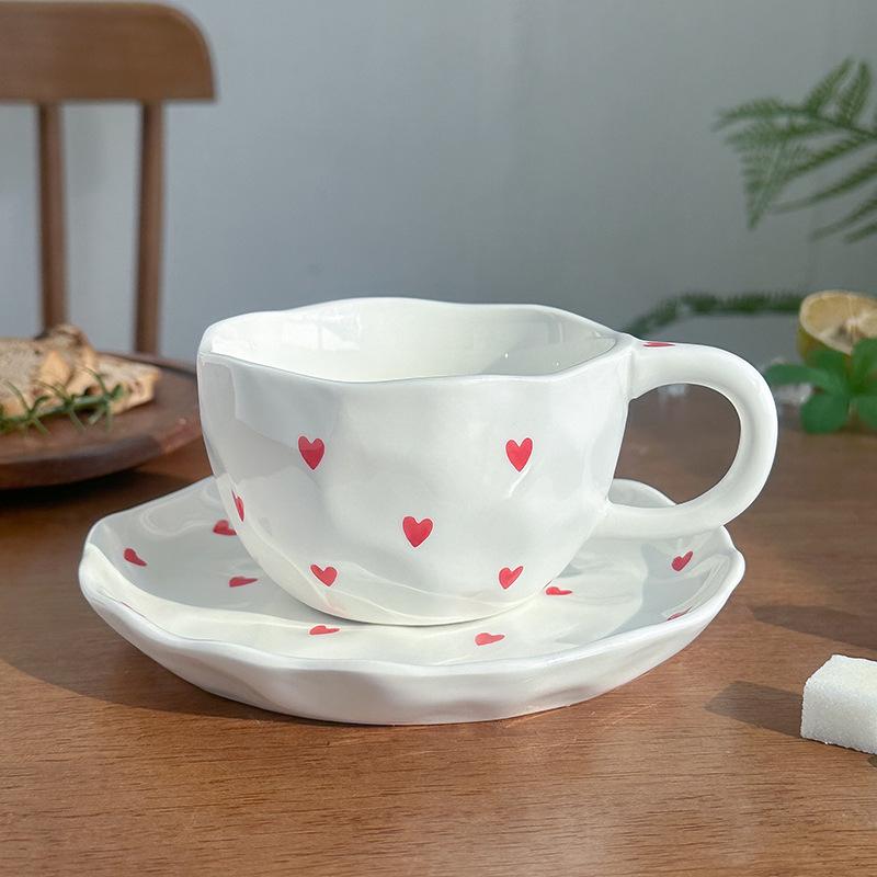 Керамический кофейный набор (чашка и блюдце) в корейском стиле с ручной лепкой и цветочным узором - Ручная роспись, идеально подходит для послеобеденного чая