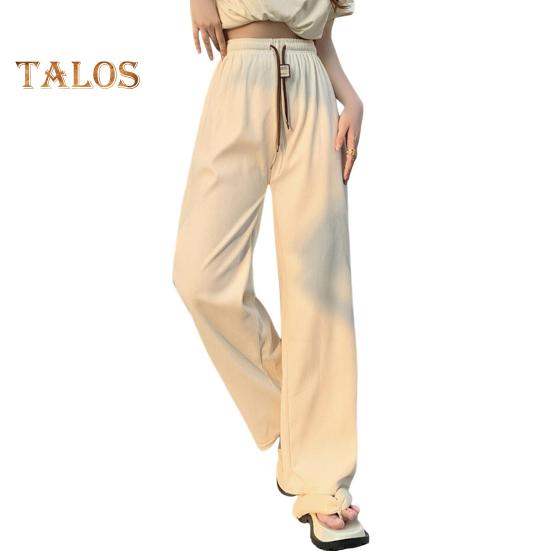 Женские брюки с эластичной резинкой и высокой талией, регулируемые длинные брюки с завязками, однотонные прямые широкие повседневные брюки для повседневной носки