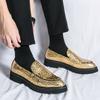 Men's Leather Fashion Shoes Golden Party Wedding Office Double Buckle Loafers Shoes Slip On Thick Soled Business Casual Oxfords
