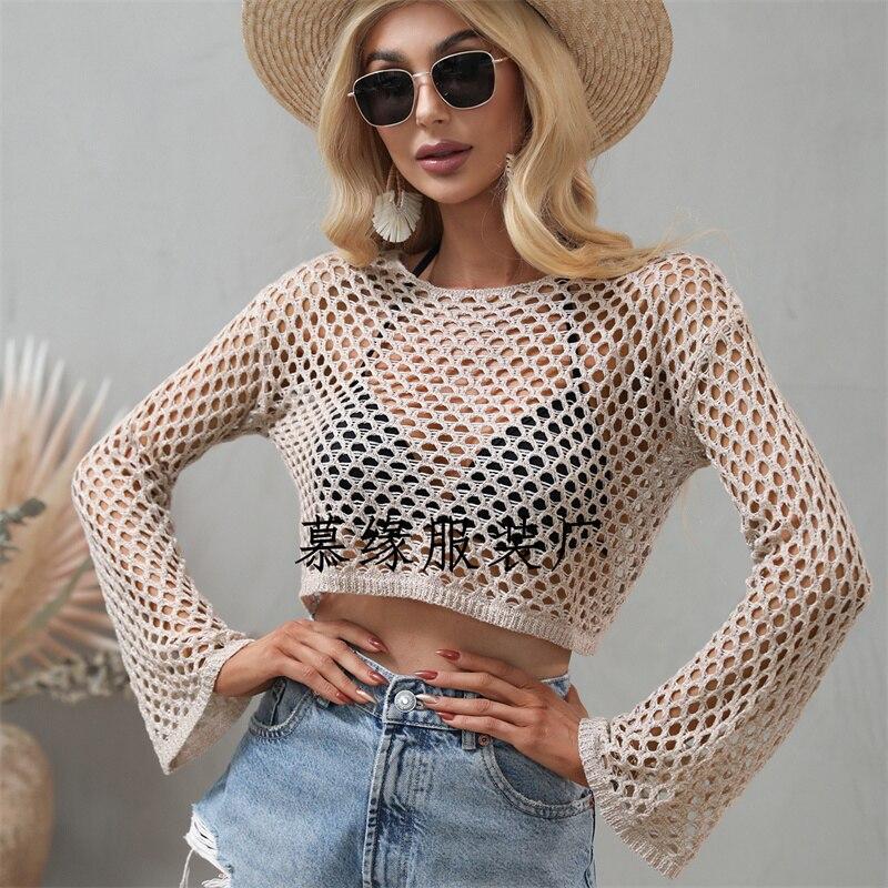 Весна и Лето Новый Пуловер Вязаный Свитер Рукав-труба Свободный Круглый вырез Ажурный Свитер Женский