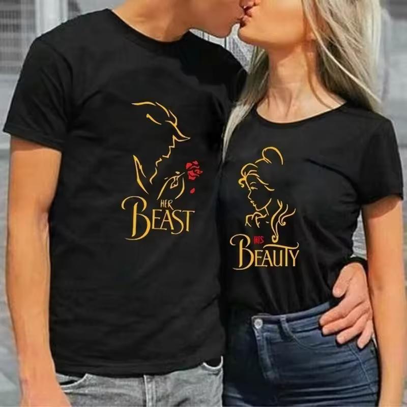 King Queen Couples T shirt Beast Beauty Print Couple T shirt Summer Fashion Women T-shirt Casual O-Neck Tops Lovers Men Tee Shirt