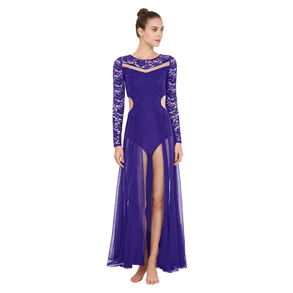 Женское платье для лирического танца с лоскутным цветочным кружевом, длинный рукав, вырезы по бокам талии, спина открыта, струящаяся сетка, платье для выступлений