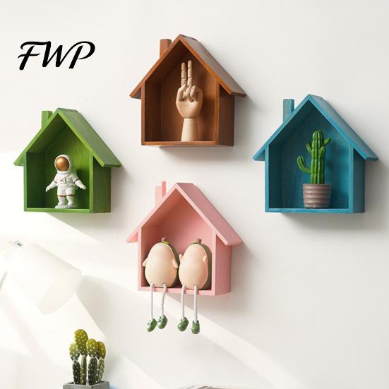Bedroom Wall Decor Wood House Display Shelf, Mounted Decorative Floating Small Shelf Toys Dolls Organizer for Entryway, Living Room, Nursery